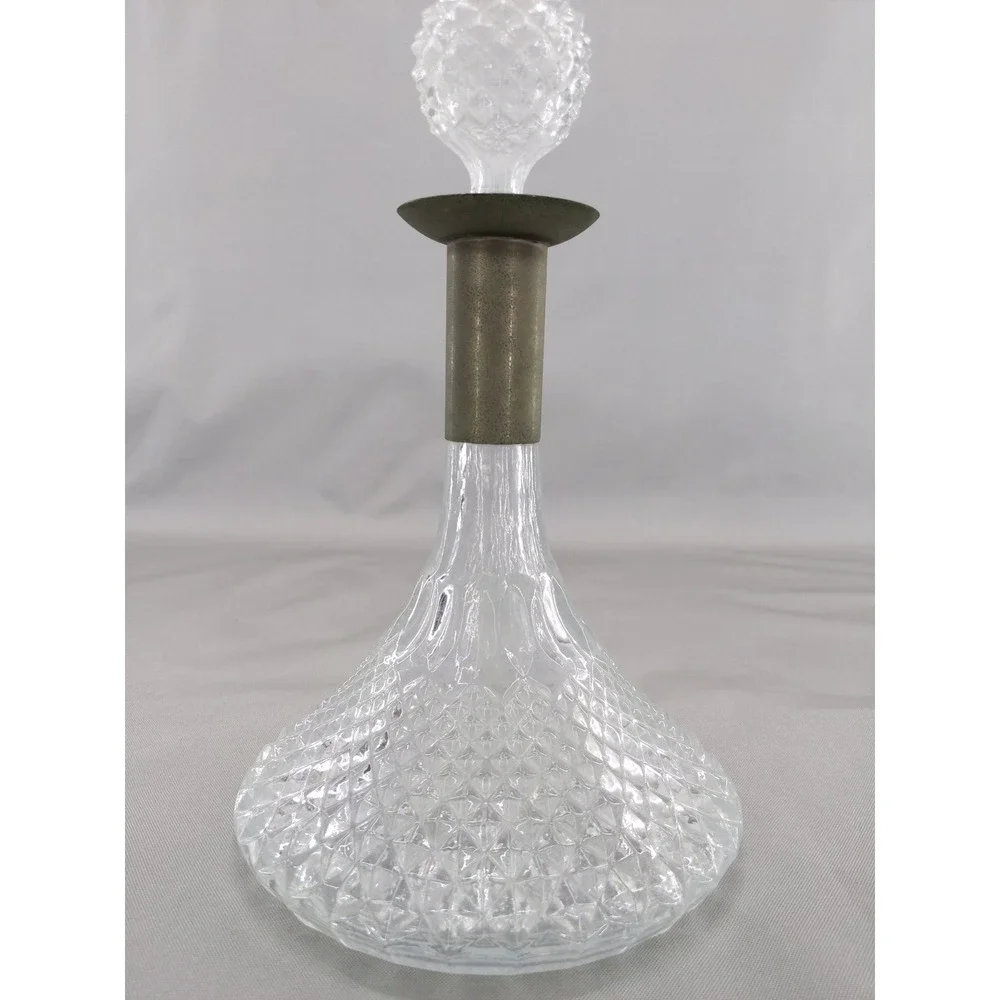 Vintage Pressed Glass Captains Ship Decanter Clear Diamond Pattern Metallic Neck